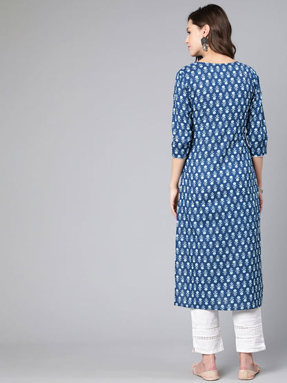Blue Ethnic Printed Straight Kurta With Three Quarter Sleeves