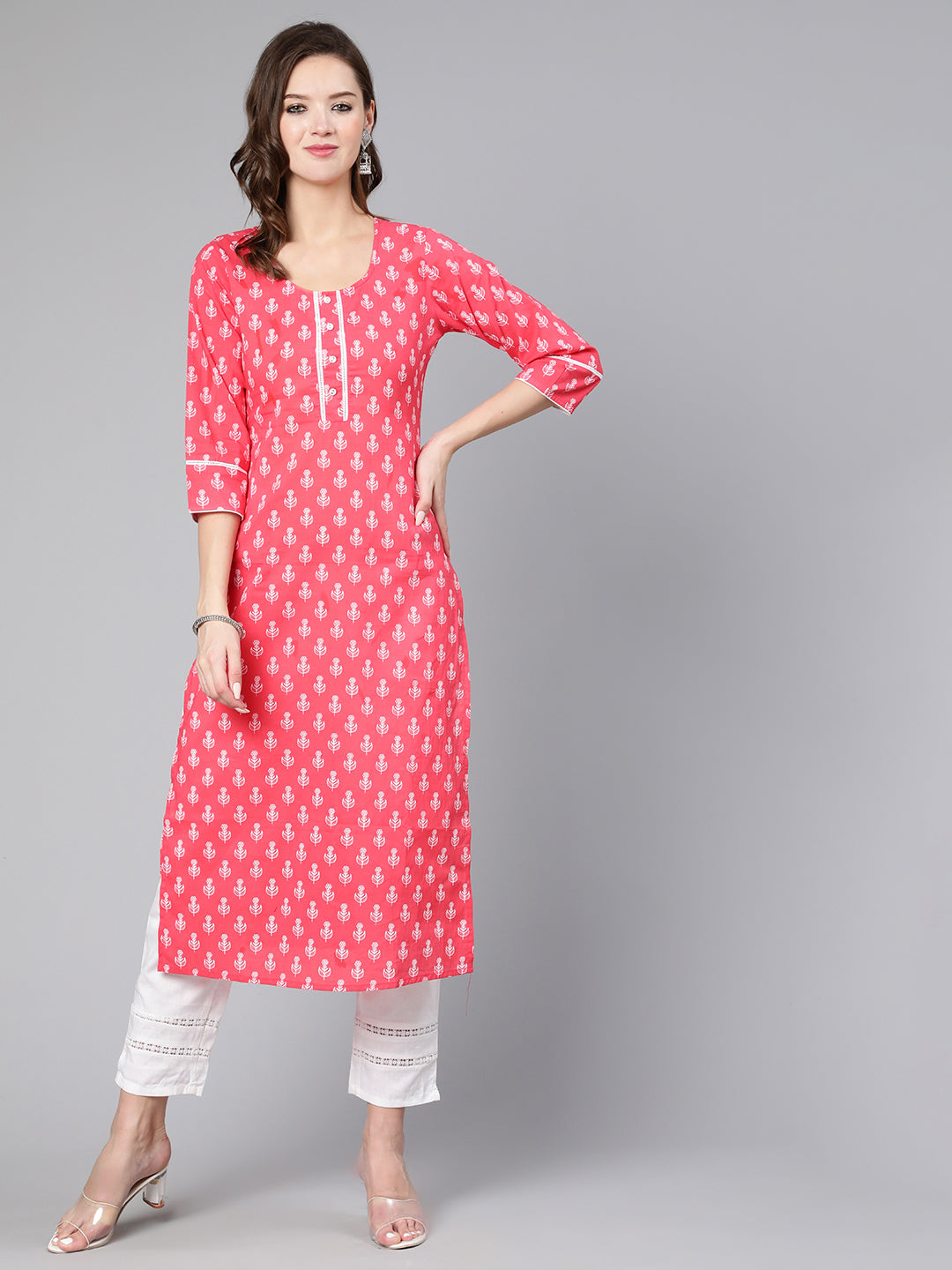 Pink Ethnic Printed Straight Kurta With Three Quarter Sleeves