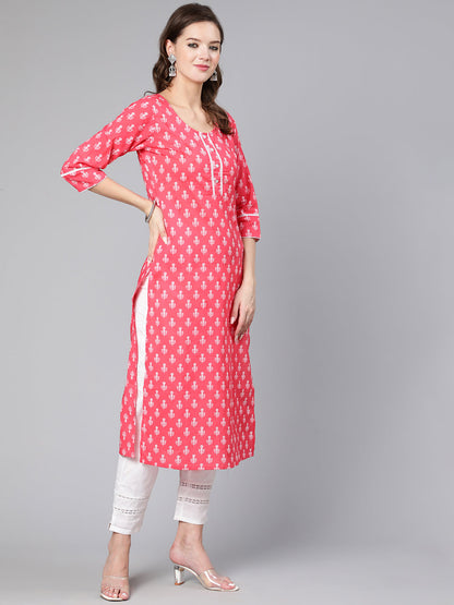 Pink Ethnic Printed Straight Kurta With Three Quarter Sleeves