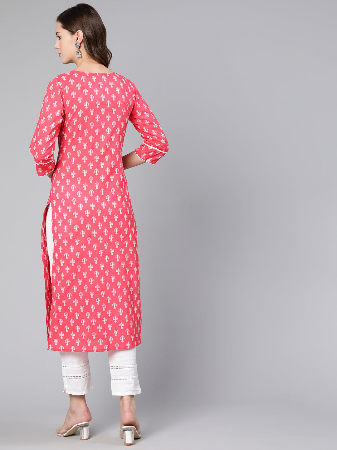 Pink Ethnic Printed Straight Kurta With Three Quarter Sleeves