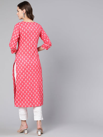 Pink Ethnic Printed Straight Kurta With Three Quarter Sleeves