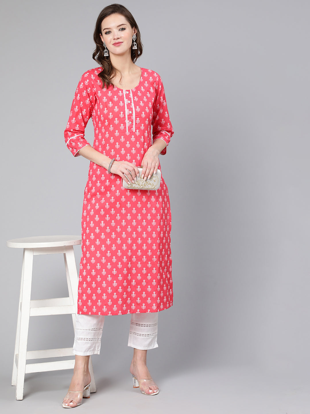 Pink Ethnic Printed Straight Kurta With Three Quarter Sleeves