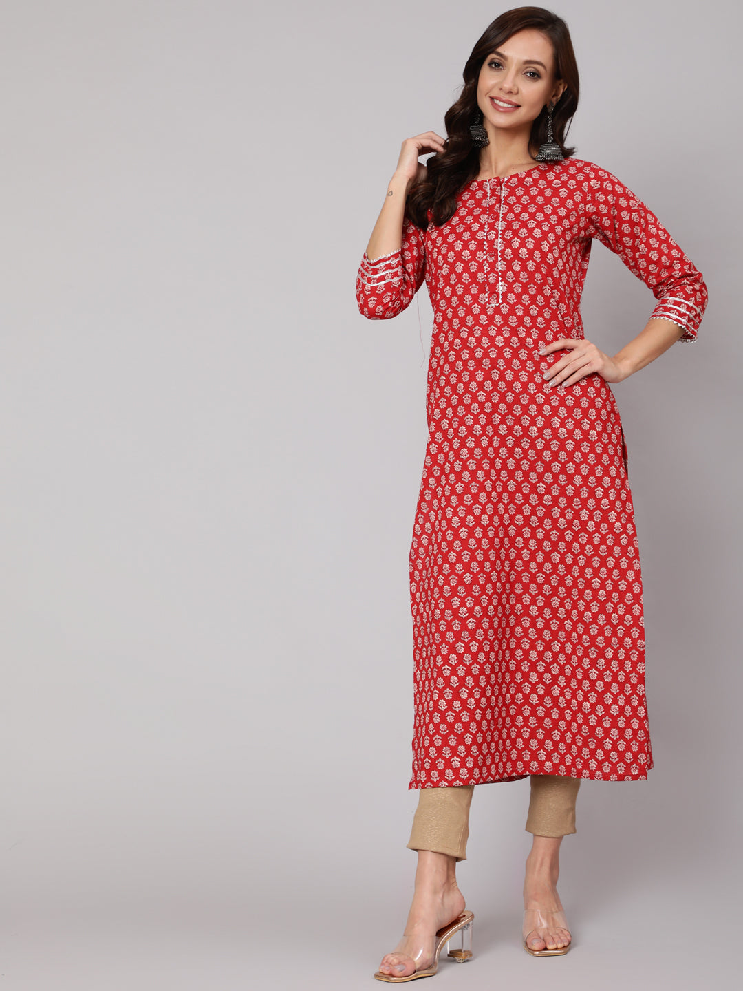 Red Ethnic Printed Straight Kurta With Three Quarter Sleeves