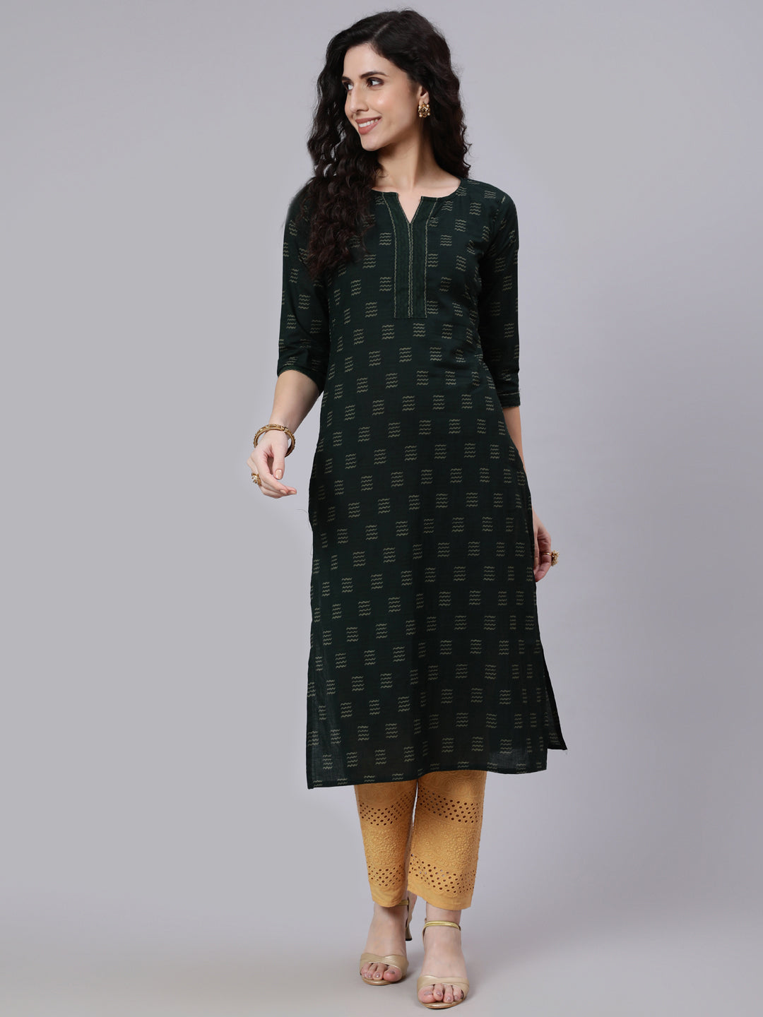 Green Abstract Printed Straight Kurta With Three Quarter Sleeves