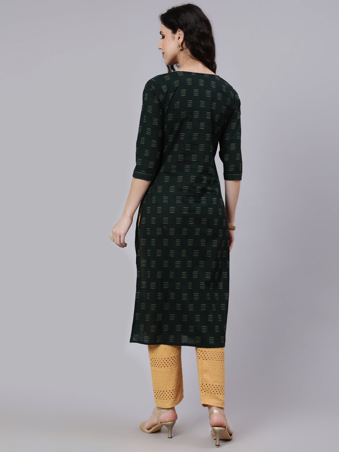 Green Abstract Printed Straight Kurta With Three Quarter Sleeves