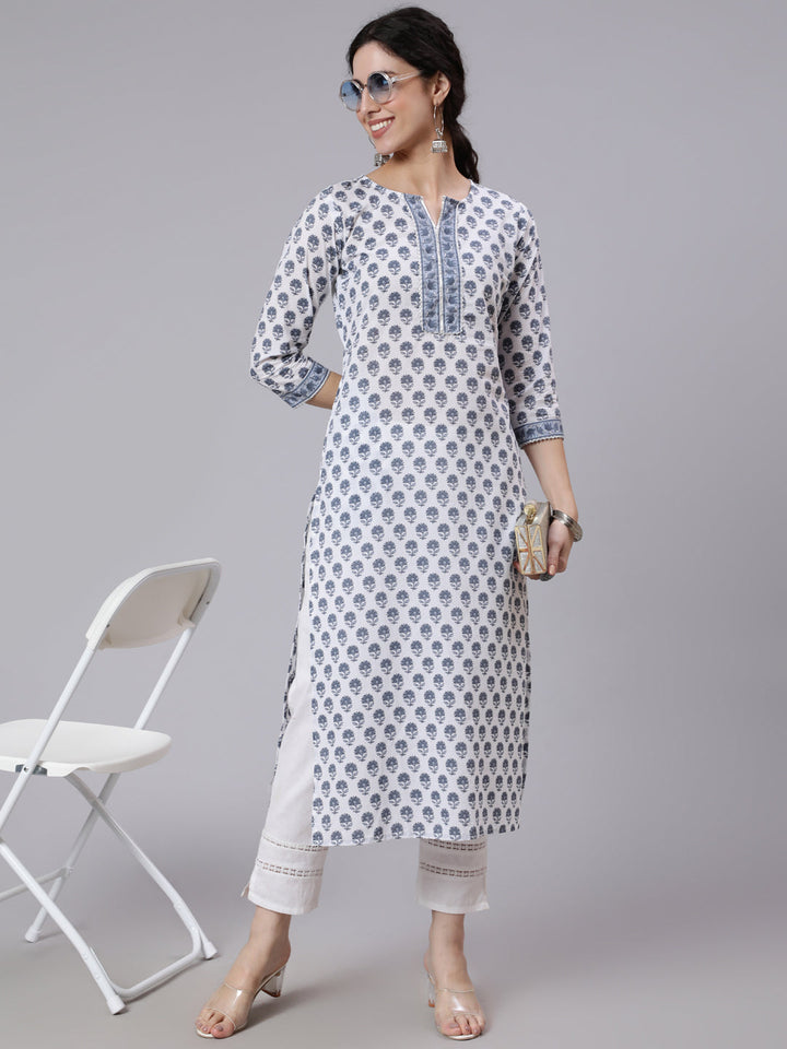 Off-White Printed Straight Kurta With Three Quarter Sleeves