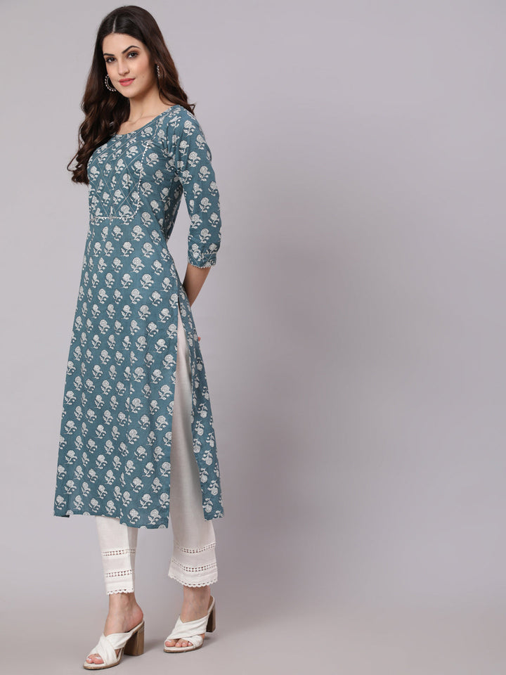 Grey Ethnic Printed Straight Kurta With Three Quarter Sleeves