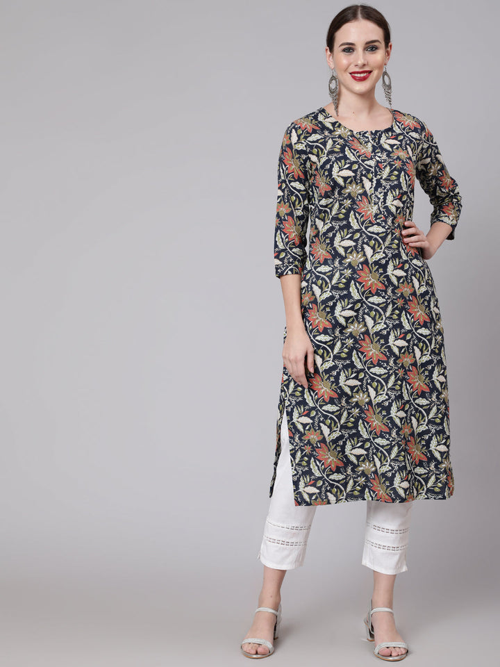 Navy Blue Floral Printed Straight Kurta With Three Quarter Sleeves