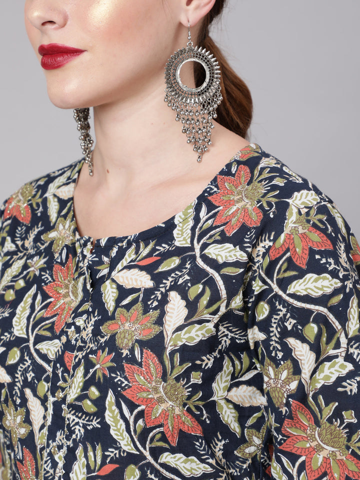 Navy Blue Floral Printed Straight Kurta With Three Quarter Sleeves