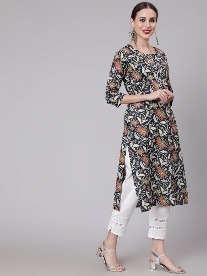 Navy Blue Floral Printed Straight Kurta With Three Quarter Sleeves