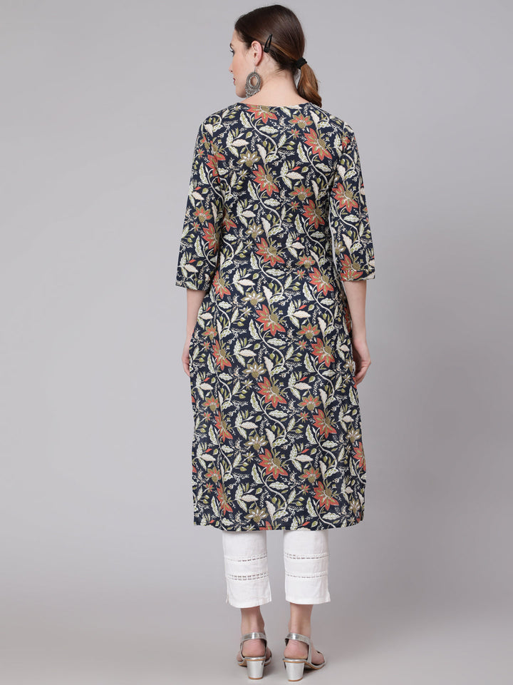 Navy Blue Floral Printed Straight Kurta With Three Quarter Sleeves