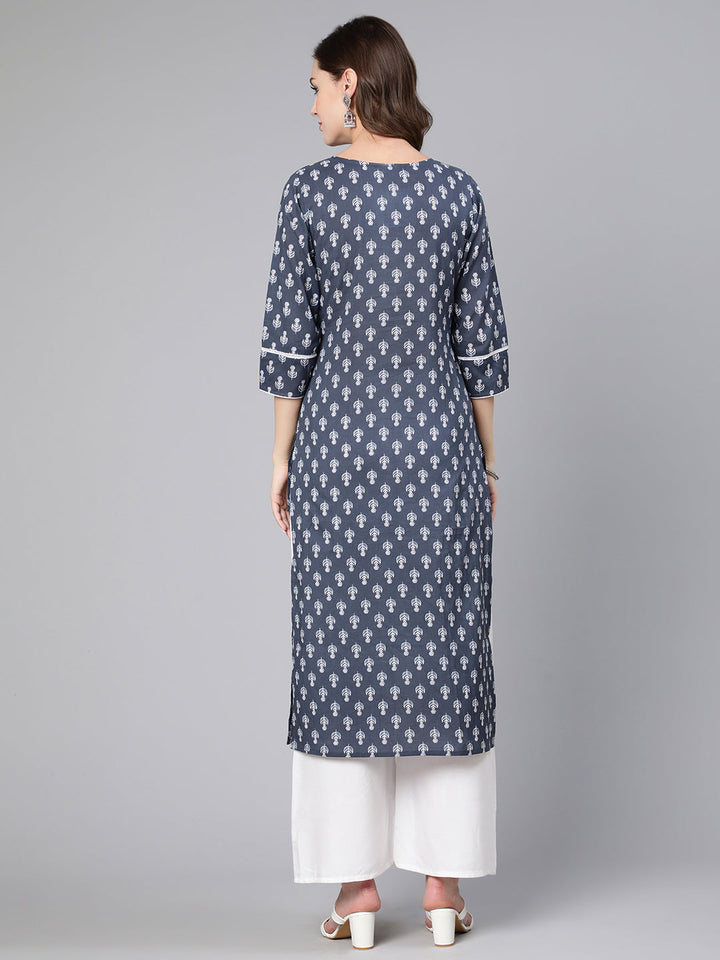 Grey Ethnic Printed Straight Kurta With Three Quarter Sleeves