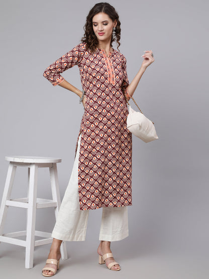 Burgundy Printed Straight kurta With Three Quarter Sleeves