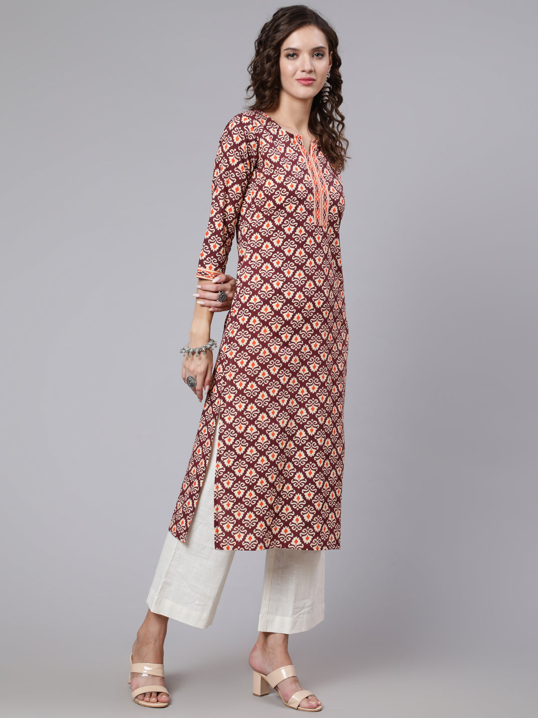 Burgundy Printed Straight kurta With Three Quarter Sleeves