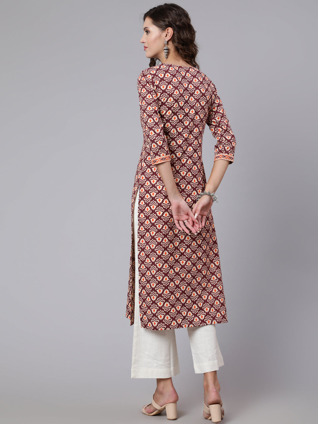 Burgundy Printed Straight kurta With Three Quarter Sleeves