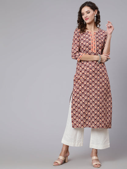 Burgundy Printed Straight kurta With Three Quarter Sleeves