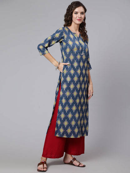 Blue Printed straight kurta with three quarter sleeves