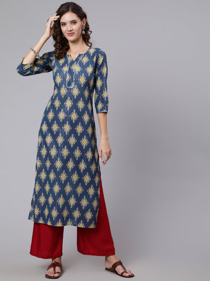 Blue Printed straight kurta with three quarter sleeves