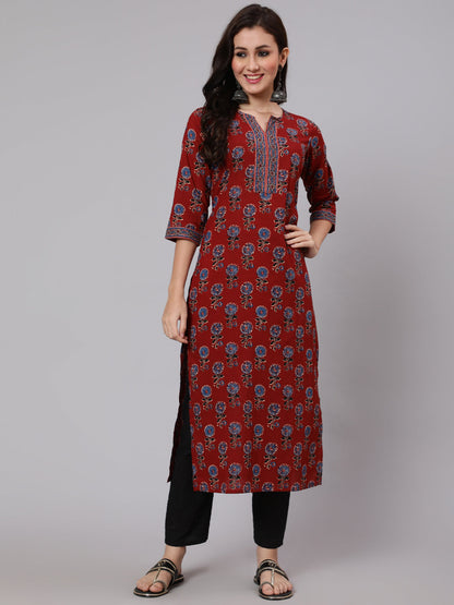 Maroon Ethnic Printed Straight Kurta With Three Quarter Sleeves