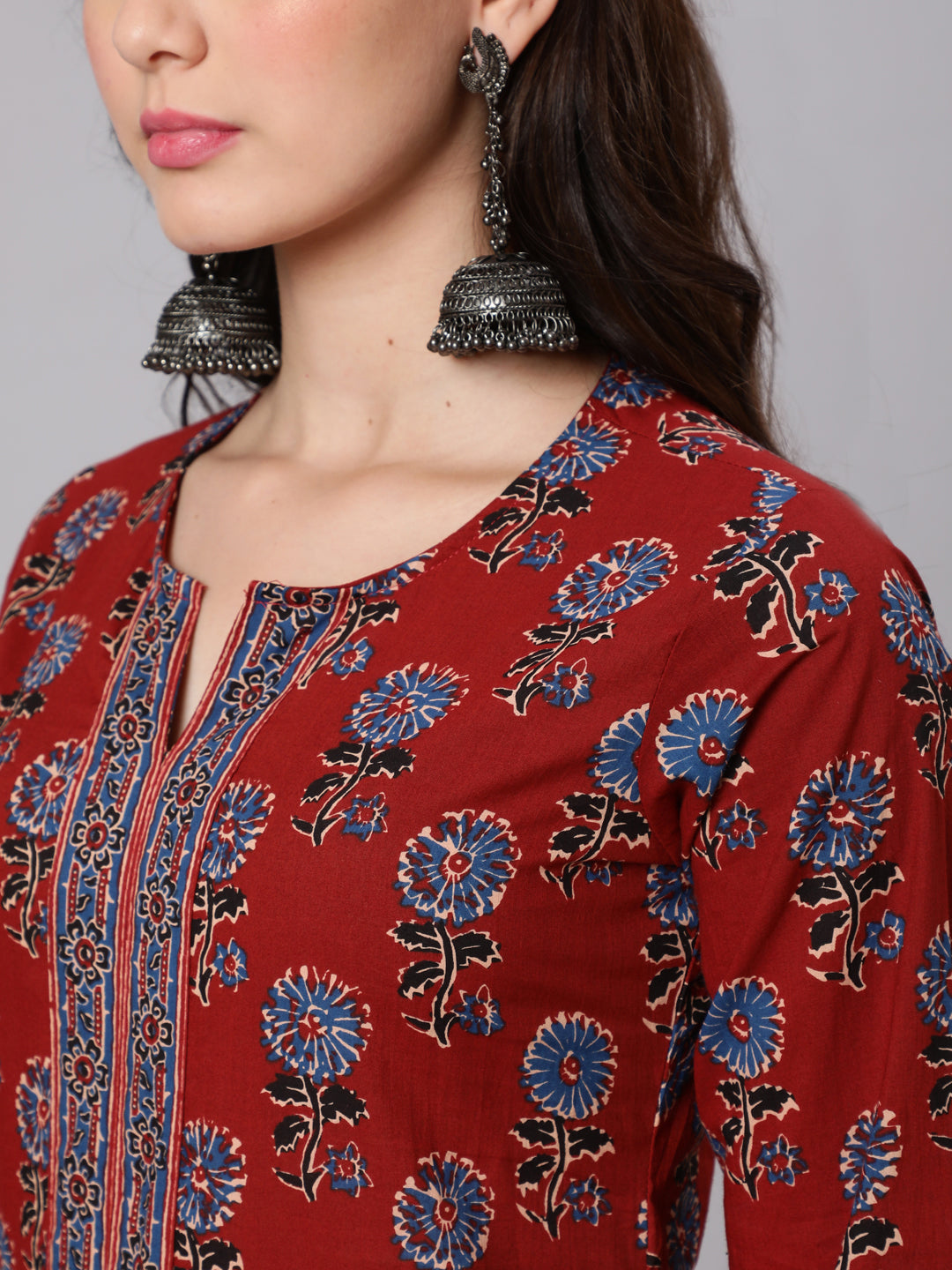 Maroon Ethnic Printed Straight Kurta With Three Quarter Sleeves