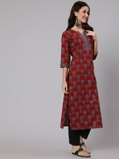 Maroon Ethnic Printed Straight Kurta With Three Quarter Sleeves