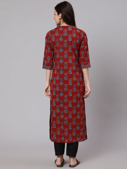 Maroon Ethnic Printed Straight Kurta With Three Quarter Sleeves
