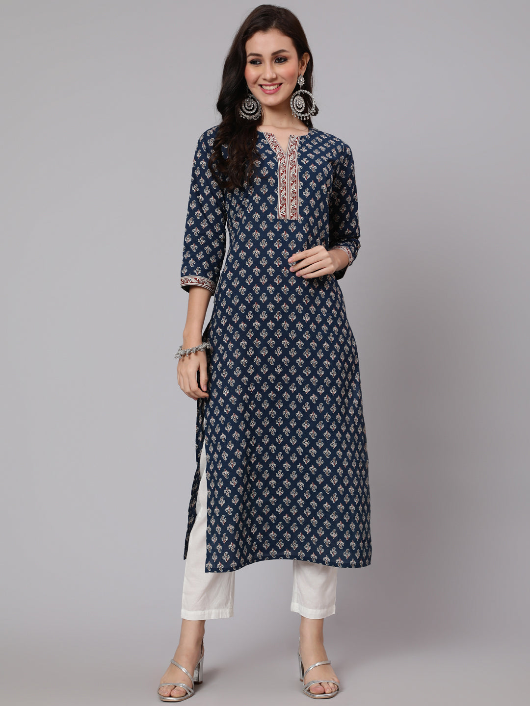 Navy Blue Ethnic Printed Straight Kurta With Three Quarter Sleeves