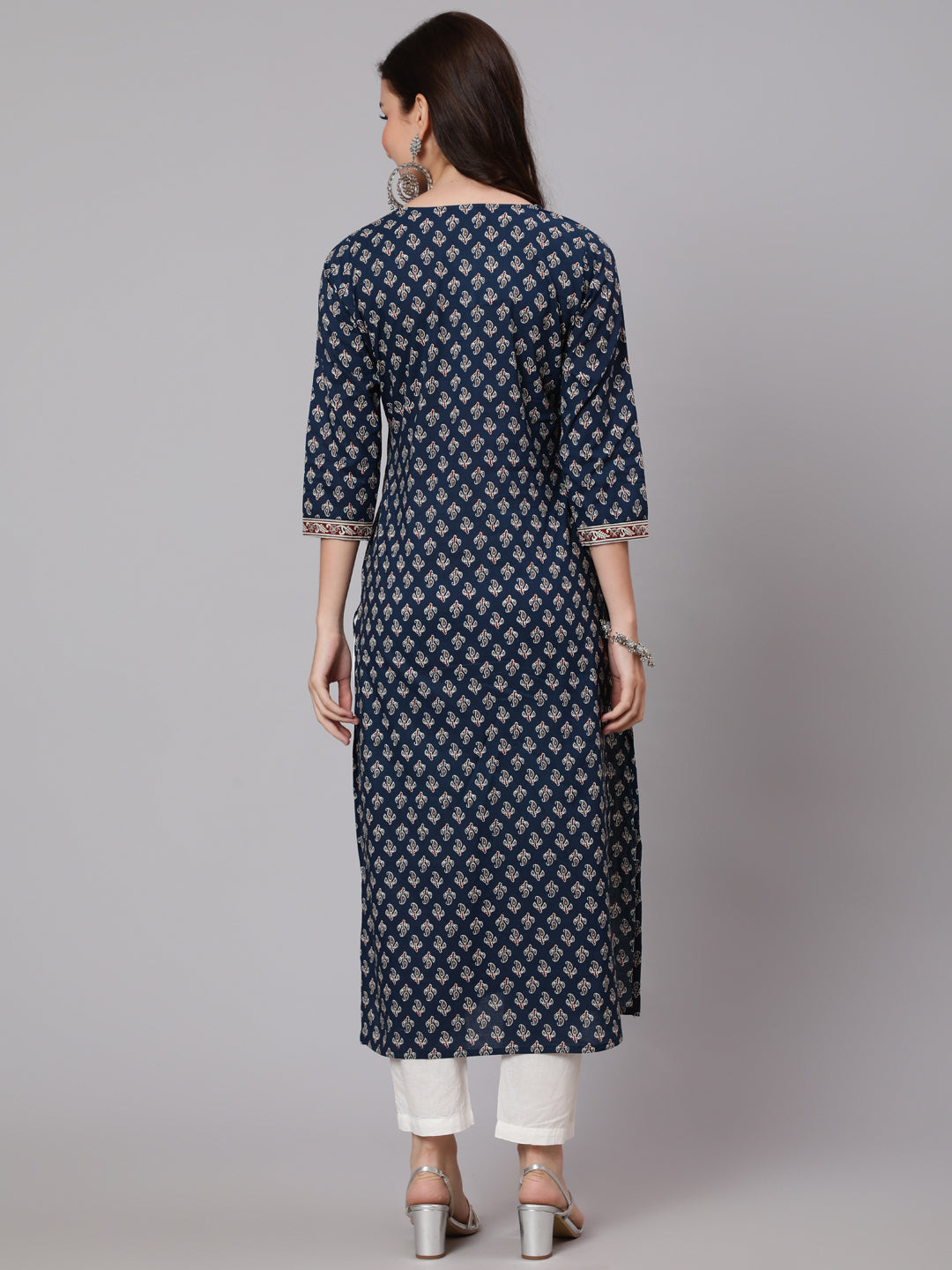 Navy Blue Ethnic Printed Straight Kurta With Three Quarter Sleeves