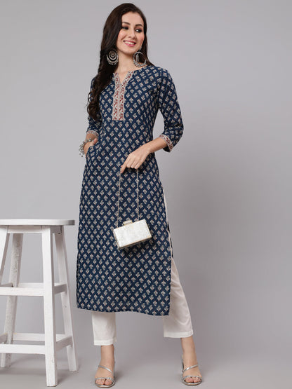 Navy Blue Ethnic Printed Straight Kurta With Three Quarter Sleeves