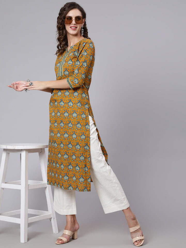 Yellow Printed straight kurta with three quarter sleeves