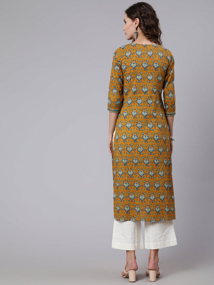 Yellow Printed straight kurta with three quarter sleeves