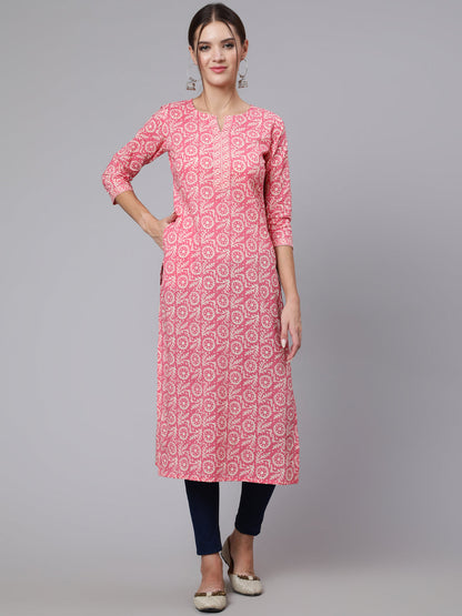 Pink Printed straight kurta with three quarter sleeves
