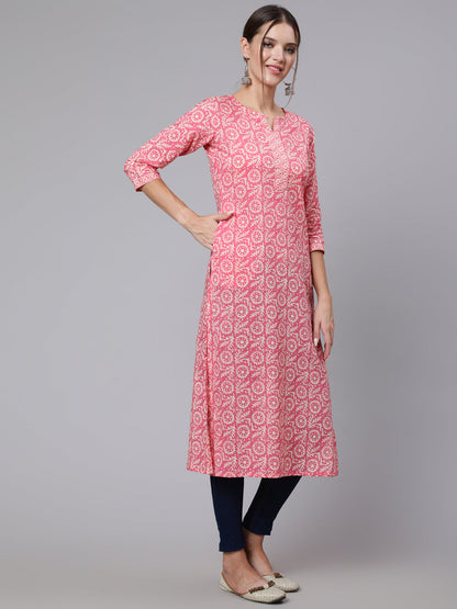 Pink Printed straight kurta with three quarter sleeves