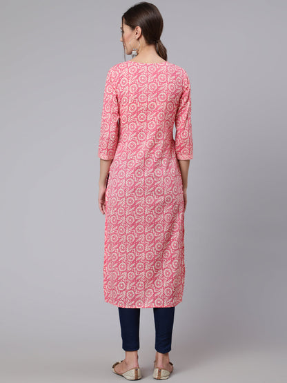Pink Printed straight kurta with three quarter sleeves