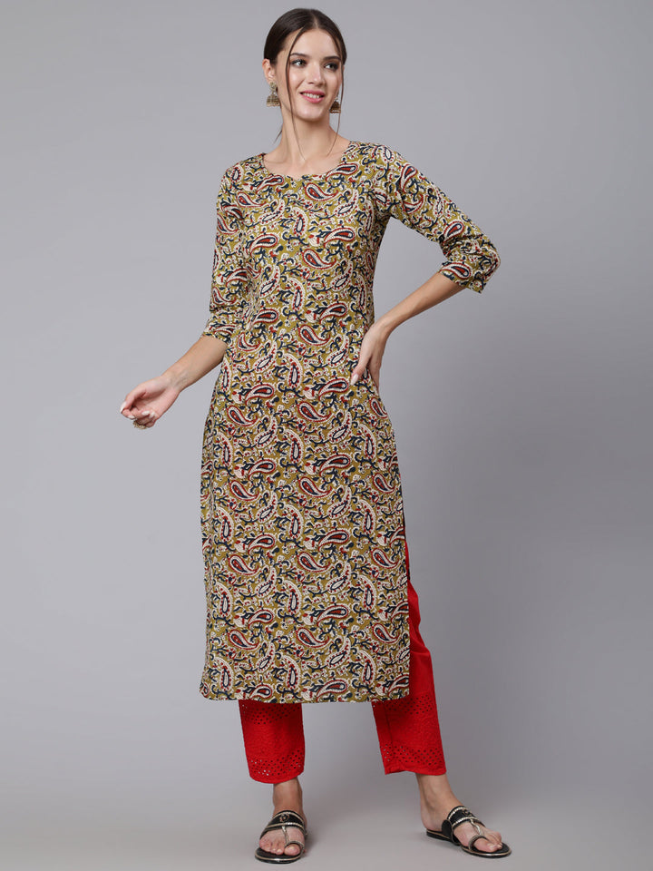 Green Ethnic Printed Straight Kurta with Three Quarter Sleeves