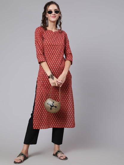 Maroon Ethnic Printed Straight Kurta with Three Quarter Sleeves
