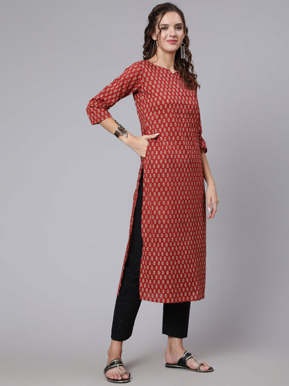 Maroon Ethnic Printed Straight Kurta with Three Quarter Sleeves