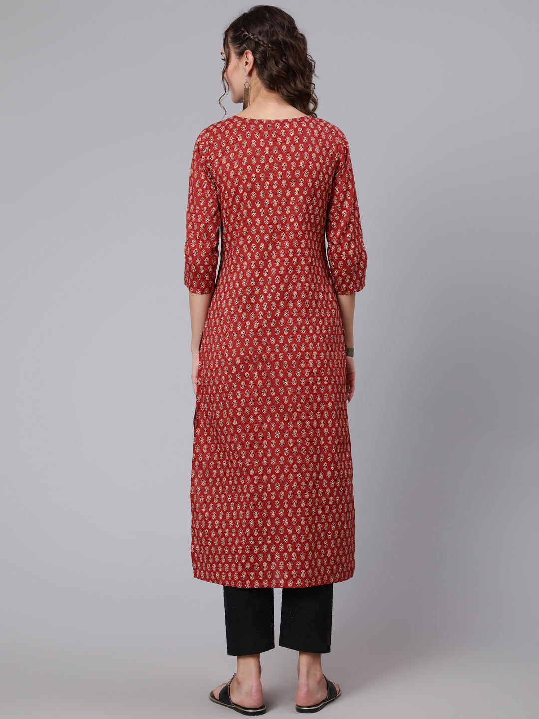 Maroon Ethnic Printed Straight Kurta with Three Quarter Sleeves