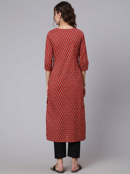 Maroon Ethnic Printed Straight Kurta with Three Quarter Sleeves