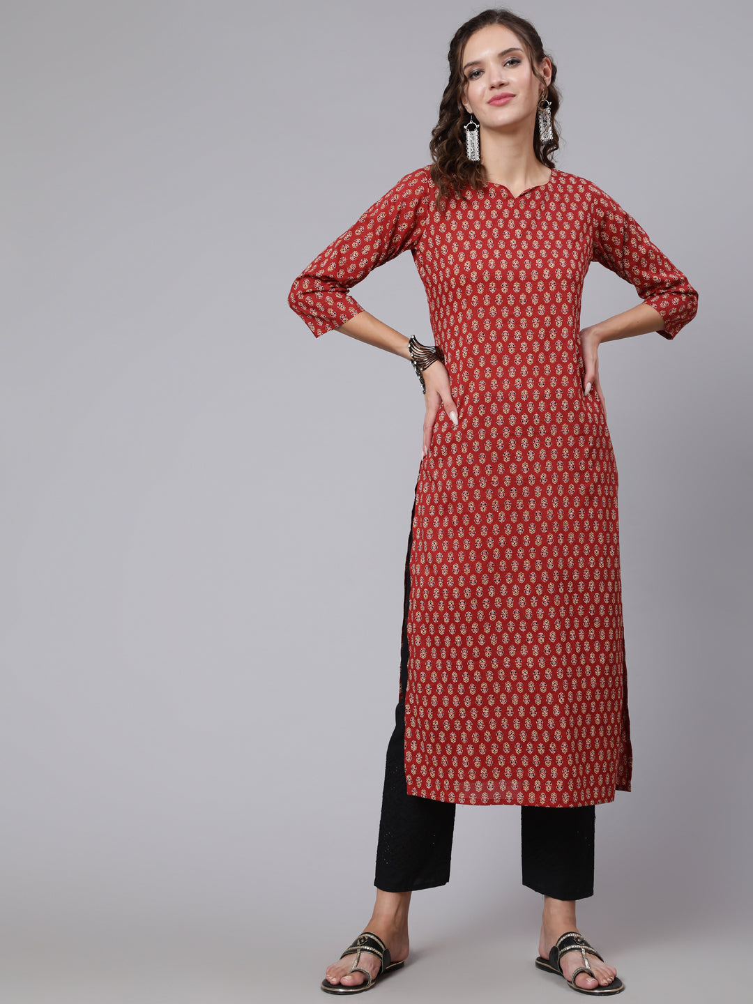 Maroon Ethnic Printed Straight Kurta with Three Quarter Sleeves