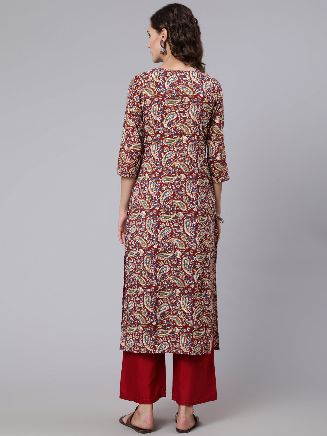 Maroon Printed straight kurta with three quarter sleeves