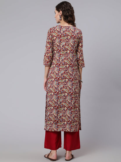 Maroon Printed straight kurta with three quarter sleeves
