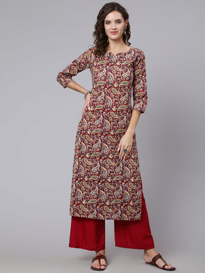 Maroon Printed straight kurta with three quarter sleeves