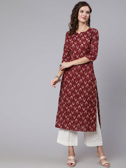Burgundy Ethnic Printed Straight Kurta with Three Quarter Sleeves