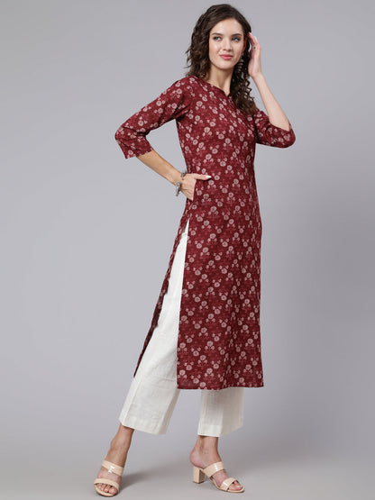 Burgundy Ethnic Printed Straight Kurta with Three Quarter Sleeves