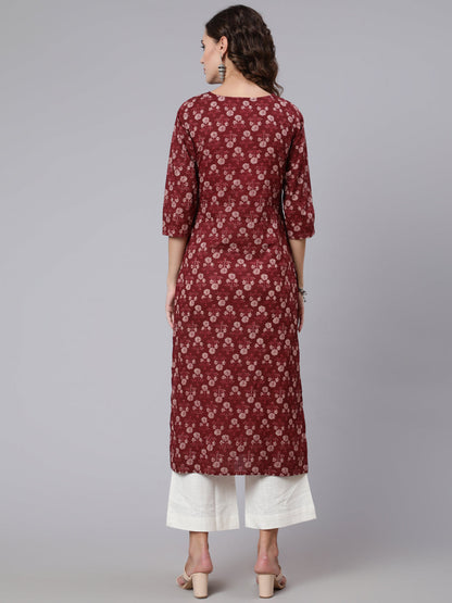 Burgundy Ethnic Printed Straight Kurta with Three Quarter Sleeves