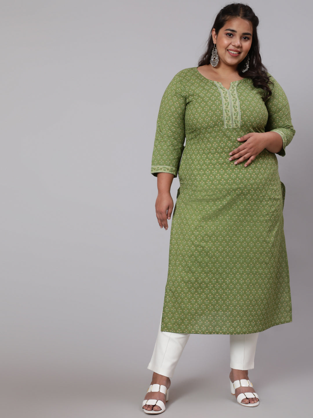 Plus Size Green Printed straight Kurta