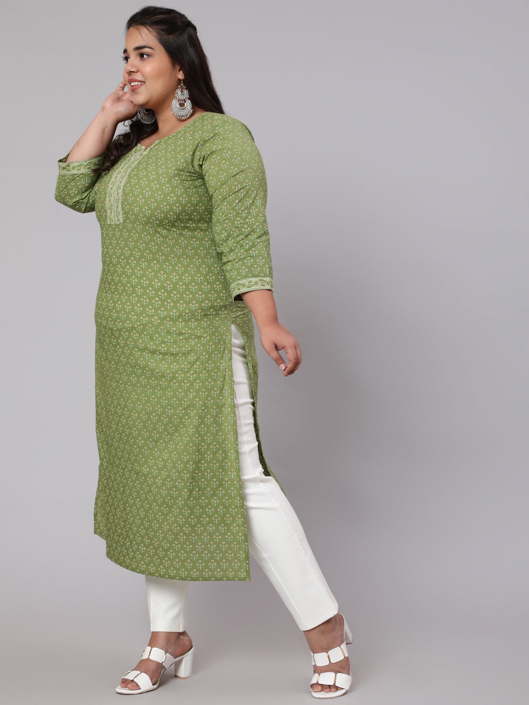 Plus Size Green Printed straight Kurta