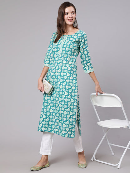 Blue Printed Straight kurta With Three Quarter Sleeves