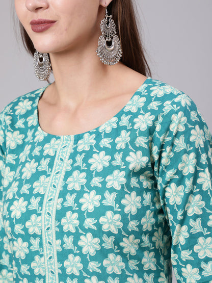 Blue Printed Straight kurta With Three Quarter Sleeves